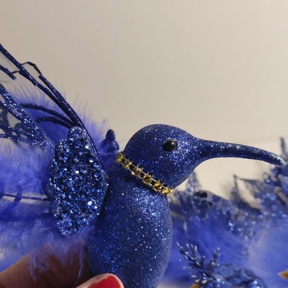 Deep Blue 4 Feather Peacocks Glitter and Feathers Long Tail 1 Humming Bird Clip - Picture 10 of 16